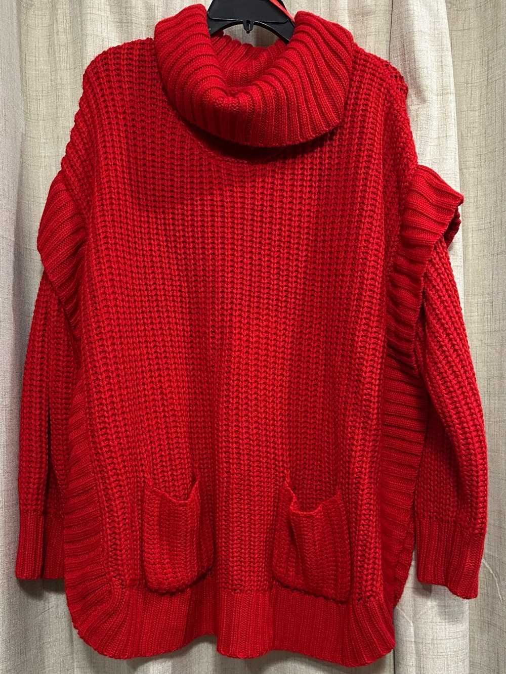 New Directions Oversized Red Chunky Cowl Neck Sweater with Front Pockets